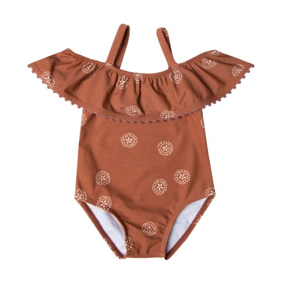 Rylee + Cru Spice Sand Dollar Off-Shoulder Ruffle One-Piece Swimsuit Girl 4-5 UV - Picture 1 of 5